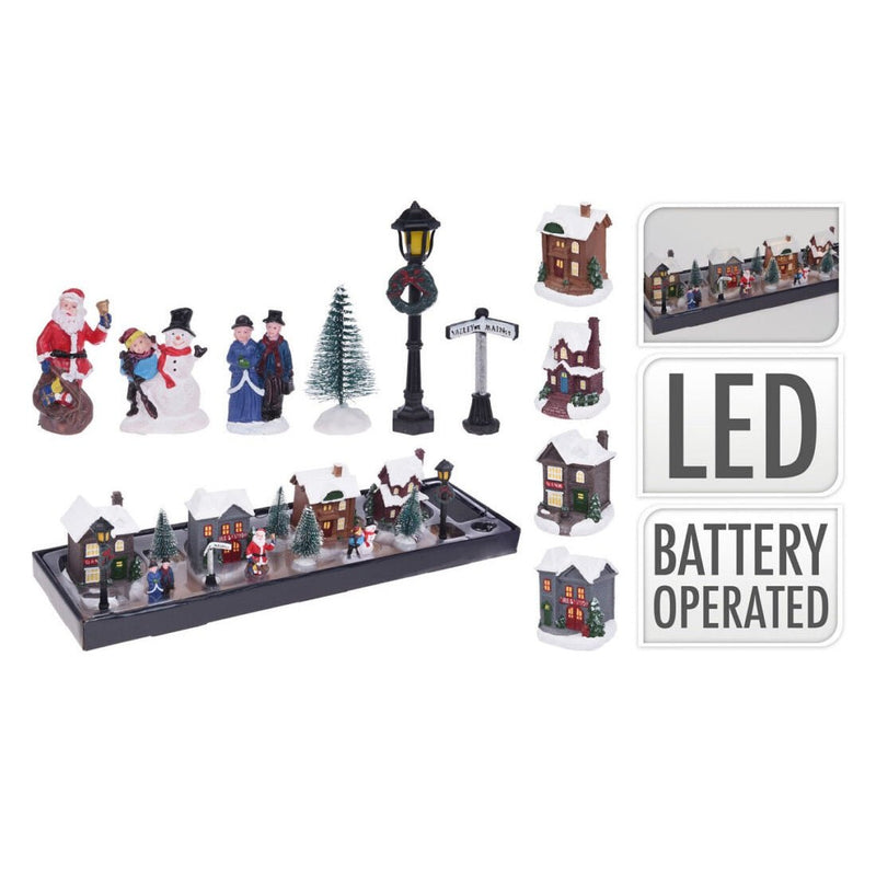 14pc Light Up Christmas Village Scene Set Battery Operated ABG100810 - XMAS ROOM DECORATION LARGE AND LIGHT UP - Beattys of Loughrea