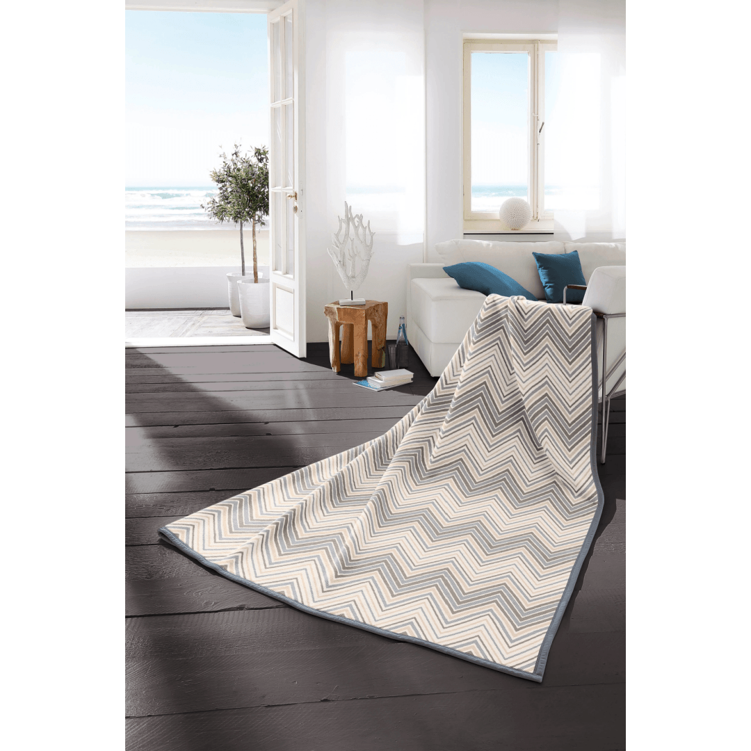 Biederlack Cotton Rich Blanket 150 x 200cm Zig Zag Blue - THROWS/BLANKETS - Beattys of Loughrea