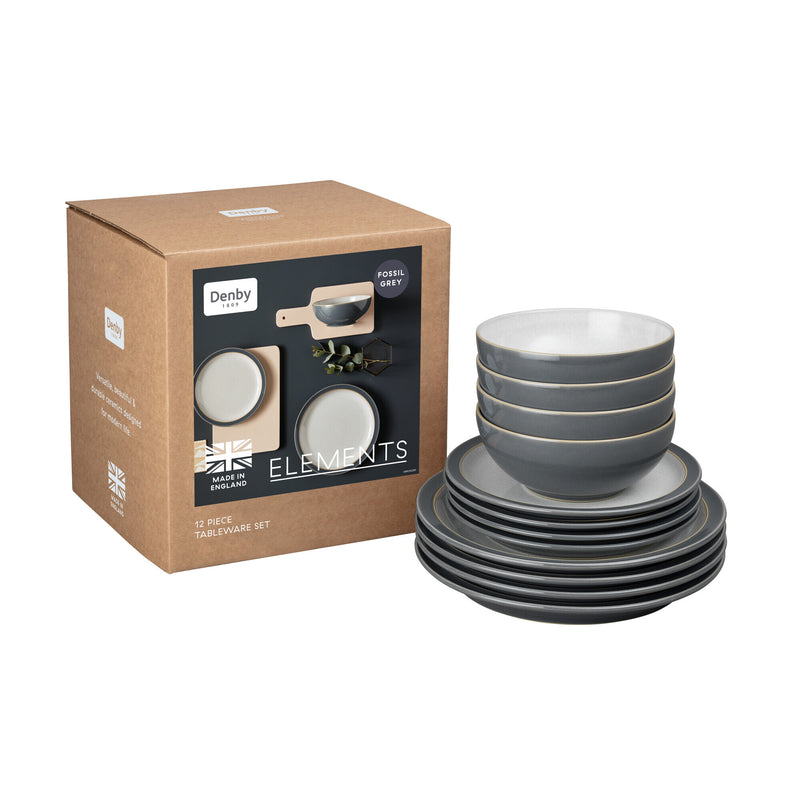 Denby Elements Fossil Grey 12 Pc Tableware Set - TABLEWARE SETS - GENERAL - Beattys of Loughrea