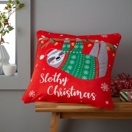 Catherine Lansfield Slothy Christmas Cushion Red 45 x 45cm - CUSHIONS/COVERS - Beattys of Loughrea