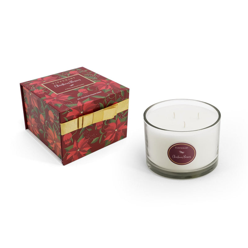 TIPPERARY CRYSTAL Poinsettia 3 Wick Candle - Christmas Berries - CANDLES - Beattys of Loughrea