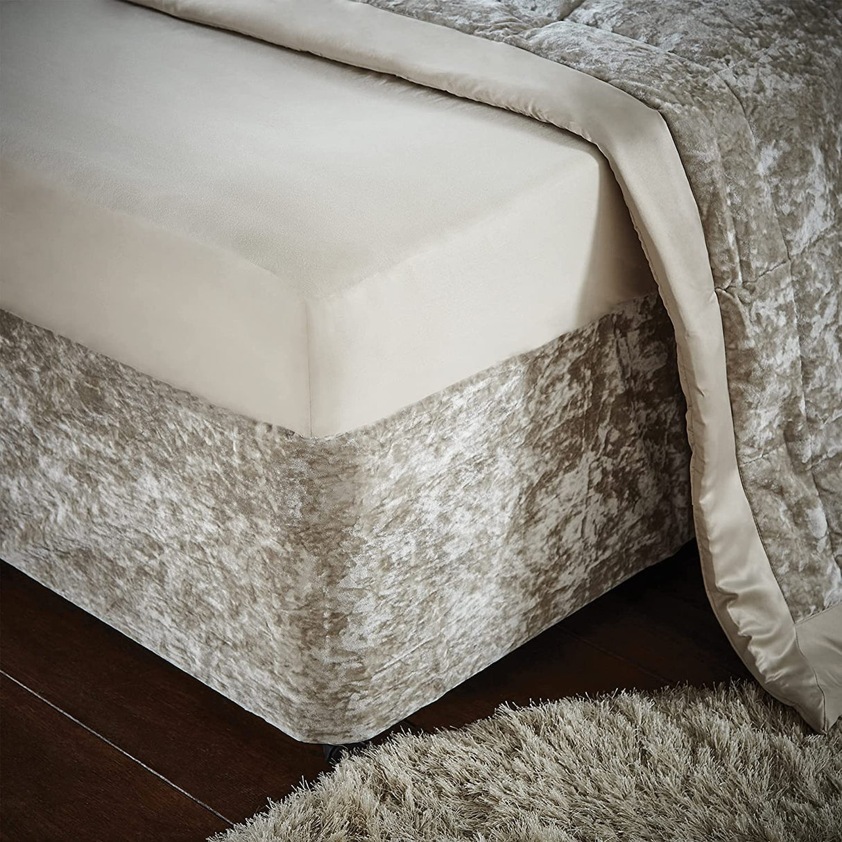 Catherine Lansfield Crushed Velvet Kingsize Divan Base Wrap Natural - SHEETS/VALANCE/MATTRESS COVER - Beattys of Loughrea