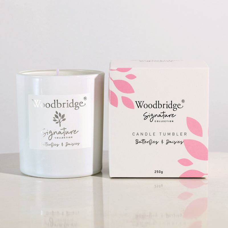 Butterflies on Daisies Boxed Tumbler Candle by Woodbridge 250g - CANDLES - Beattys of Loughrea