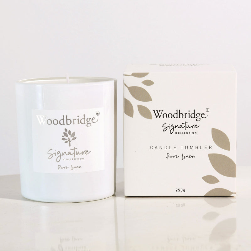 Pure Linen Boxed Tumbler Candle by Woodbridge 250g - CANDLES - Beattys of Loughrea