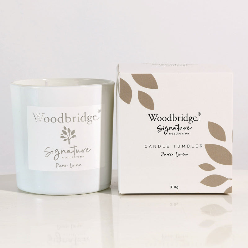 Pure Linen Boxed Tumbler Candle by Woodbridge 310g - CANDLES - Beattys of Loughrea