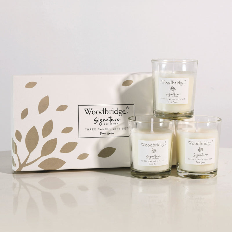 Pure Linen Boxed Three Votive Candle Set by Woodbridge 3x50g - CANDLES - Beattys of Loughrea