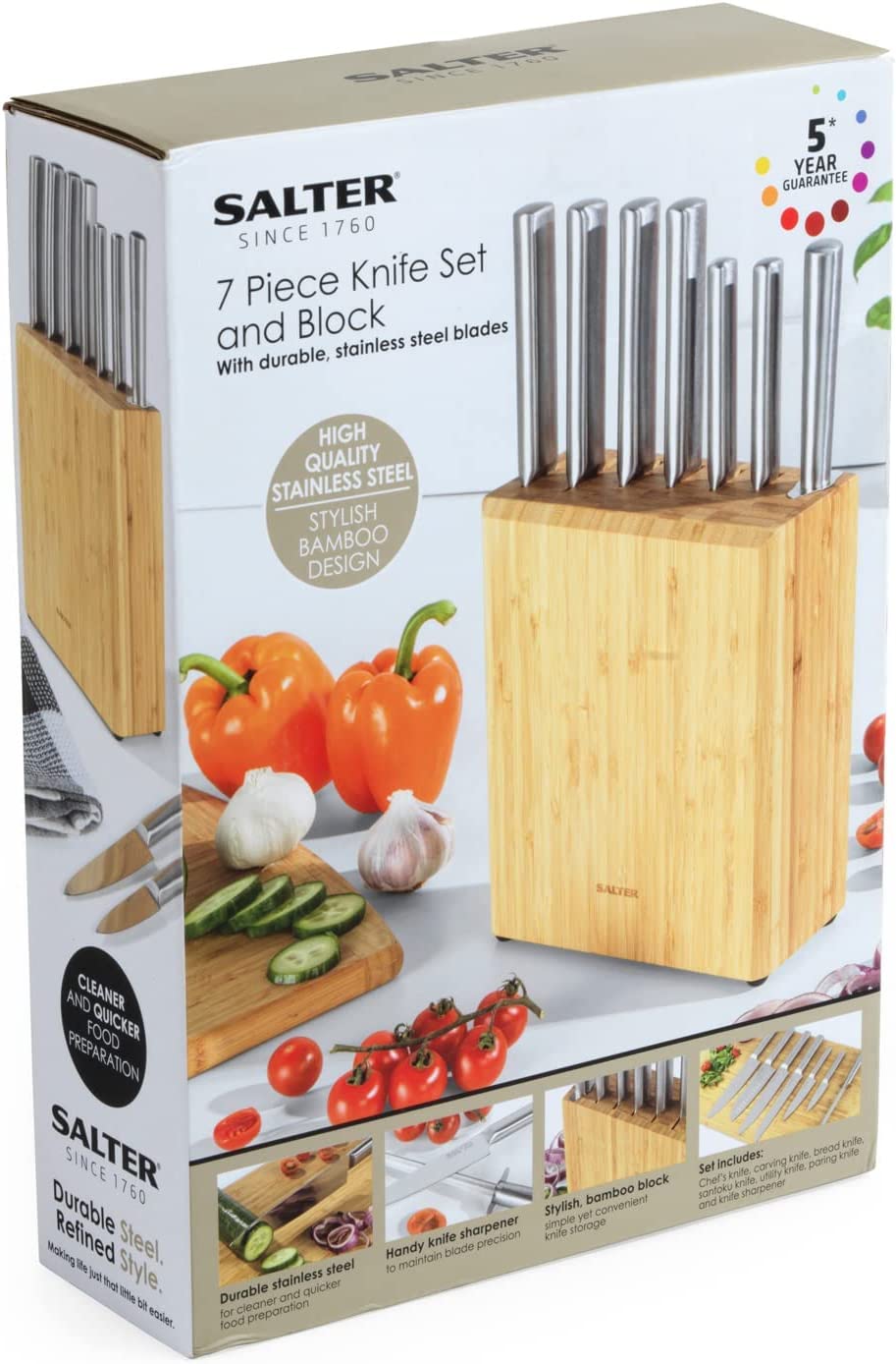 Salter 7 Pc Kitchen Knife Set with Bamboo Block - CUTLERY/KNIFE SET/BLOCK - Beattys of Loughrea