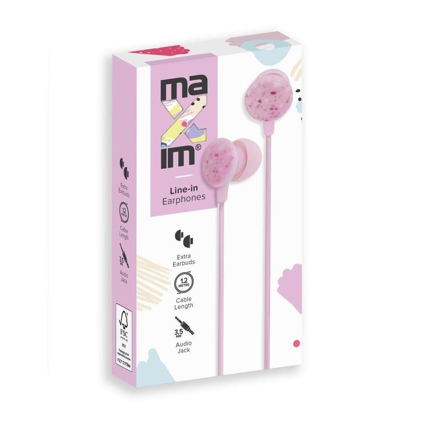 Maxim Line-in Earphones Pink Print - HEADPHONES / EARPHONES/ MICROPHONE - Beattys of Loughrea