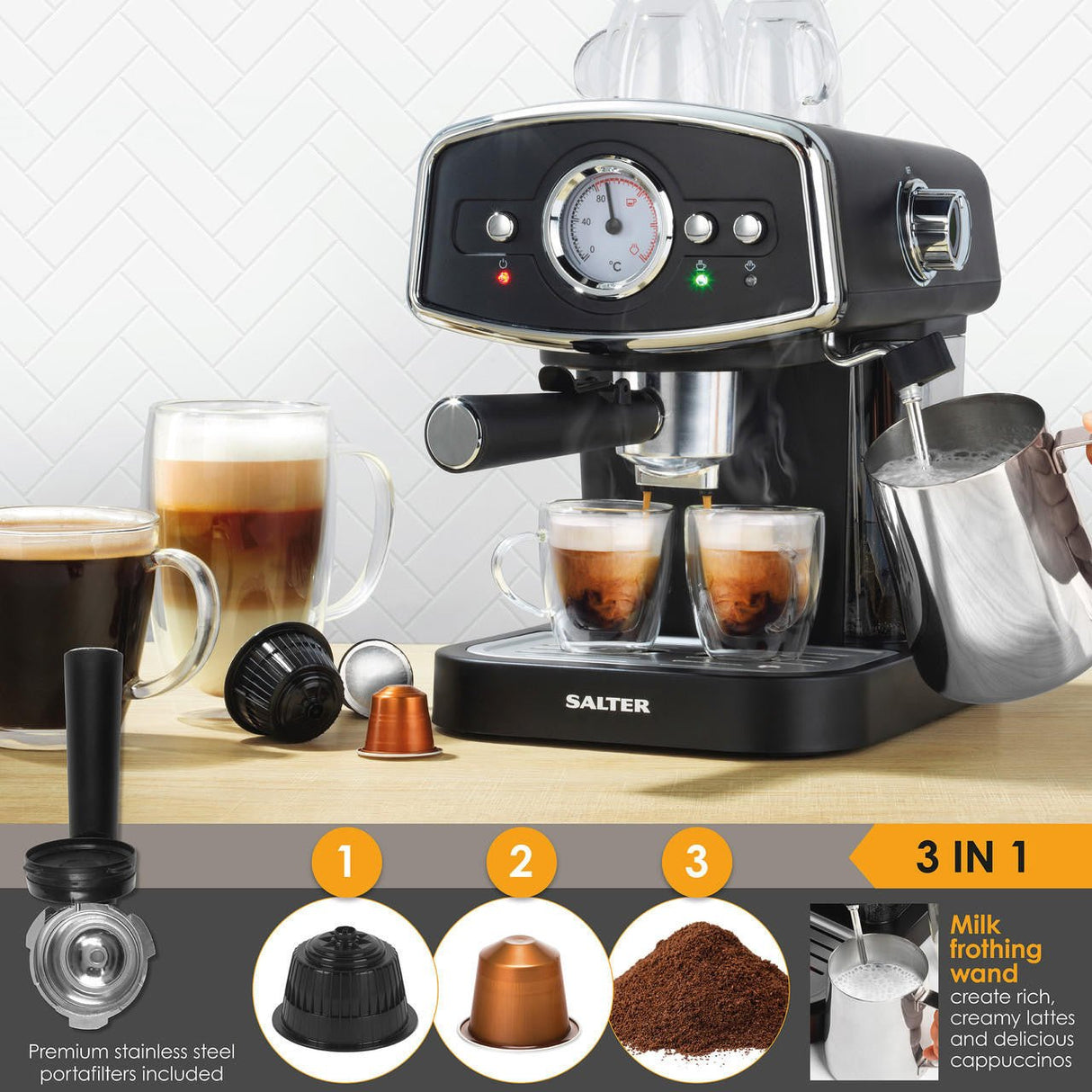 Salter 3 In 1 Barista Deluxe Coffee Machine with Milk Frothing Wand - COFFEE MAKERS / ACCESSORIES - Beattys of Loughrea