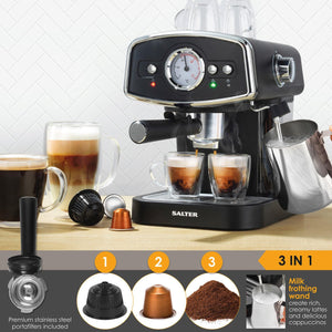 Salter 3 In 1 Barista Deluxe Coffee Machine with Milk Frothing Wand - COFFEE MAKERS / ACCESSORIES - Beattys of Loughrea