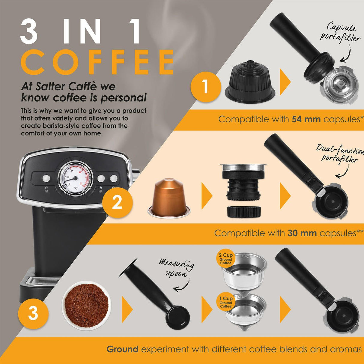 Salter 3 In 1 Barista Deluxe Coffee Machine with Milk Frothing Wand - COFFEE MAKERS / ACCESSORIES - Beattys of Loughrea