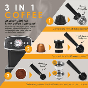Salter 3 In 1 Barista Deluxe Coffee Machine with Milk Frothing Wand - COFFEE MAKERS / ACCESSORIES - Beattys of Loughrea