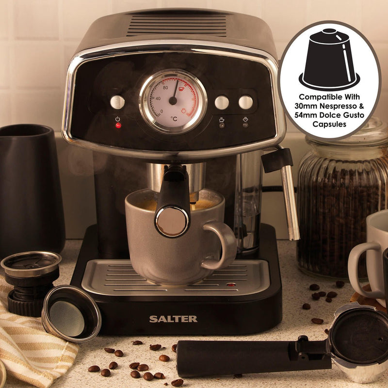 Salter 3 In 1 Barista Deluxe Coffee Machine with Milk Frothing Wand - COFFEE MAKERS / ACCESSORIES - Beattys of Loughrea