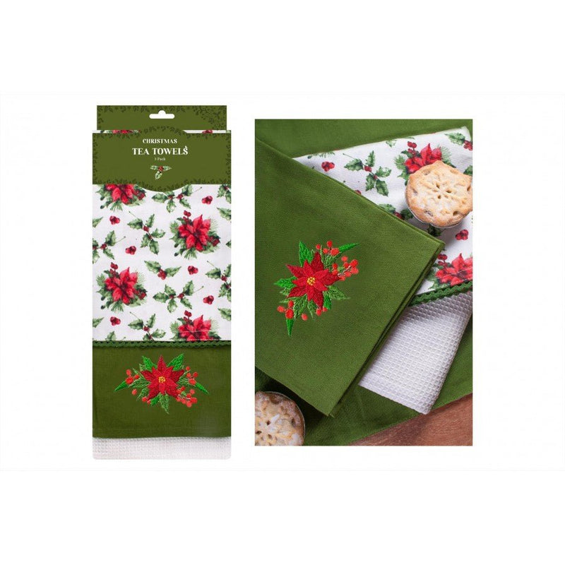 Christmas Holly Tea Towels 50x70cm 3 Pack - CLEANING - TEA TOWEL/DISHCLOTH - Beattys of Loughrea