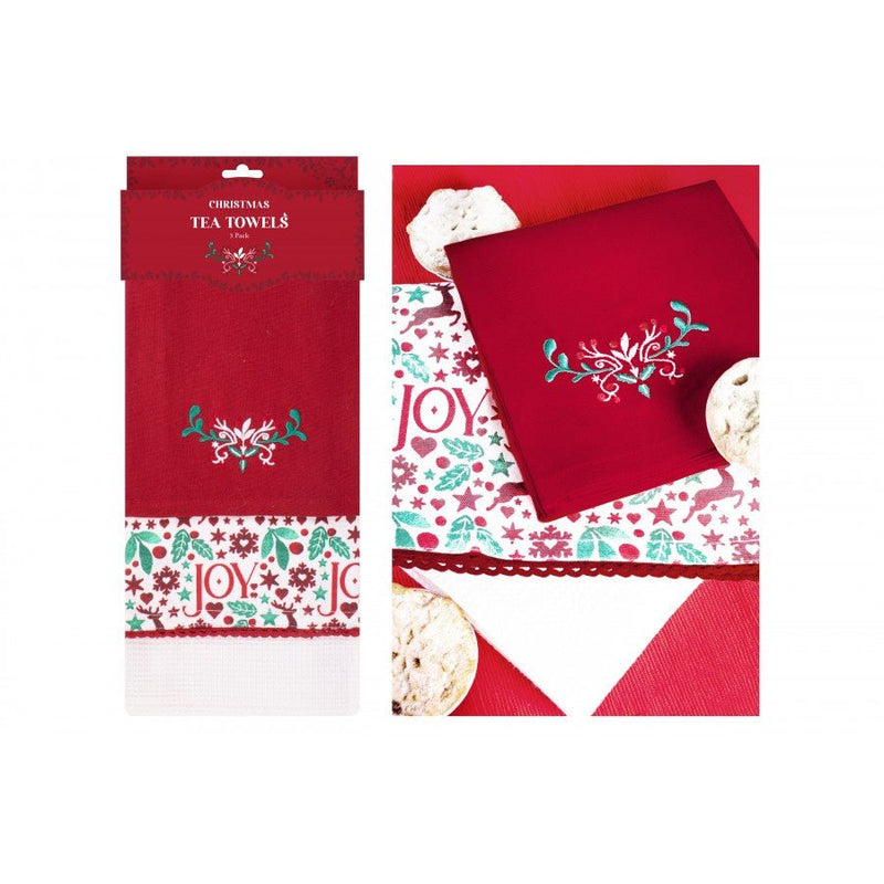 Christmas Joy Tea Towel 50x70cm 3 Pack - CLEANING - TEA TOWEL/DISHCLOTH - Beattys of Loughrea