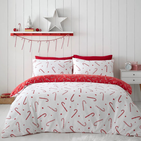 Catherine Lansfield Christmas Candy Cane Reversible Duvet Set - Single - DUVET COVERS - Beattys of Loughrea