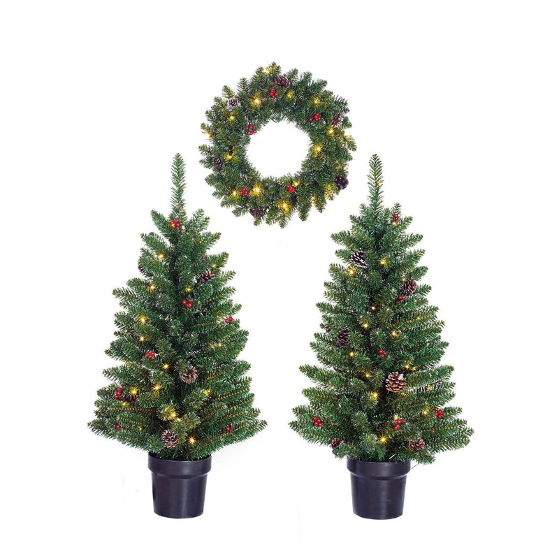 Creston Set of 2 Christmas Trees and 1 Wreath with LED Lights - Green - XMAS TREE F/O LIGHT UP - Beattys of Loughrea