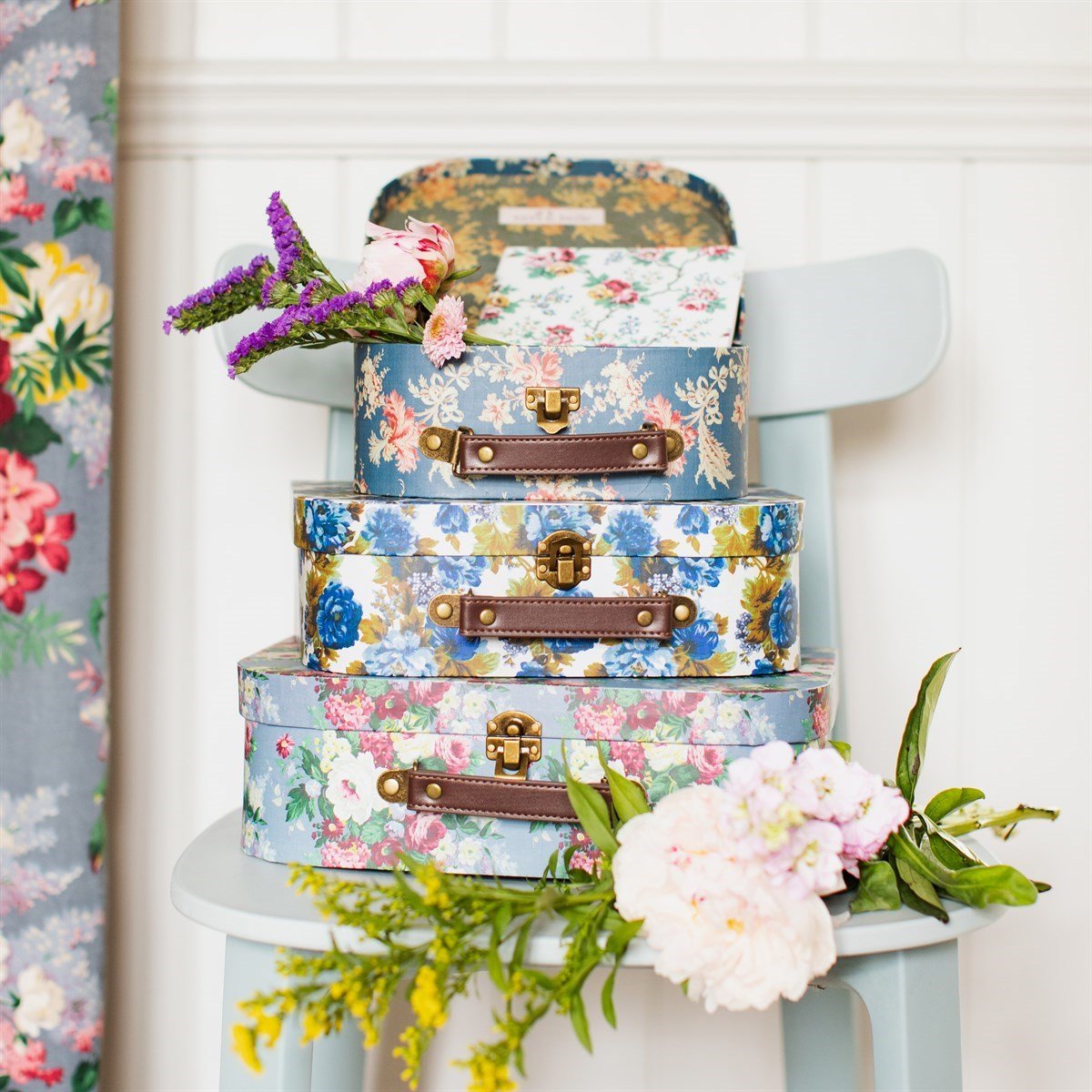 Delphine Blue Vintage Rose Mini Suitcases - Set Of 3 - ORNAMENTS - Beattys of Loughrea