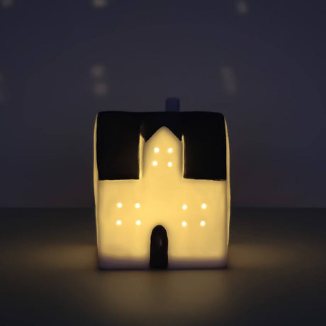 Ceramic LED White House with Grey Roof 14cm - ORNAMENTS - Beattys of Loughrea