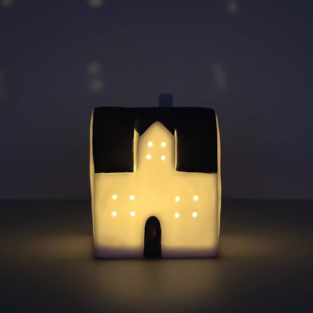 Ceramic LED White House with Grey Roof 14cm - ORNAMENTS - Beattys of Loughrea