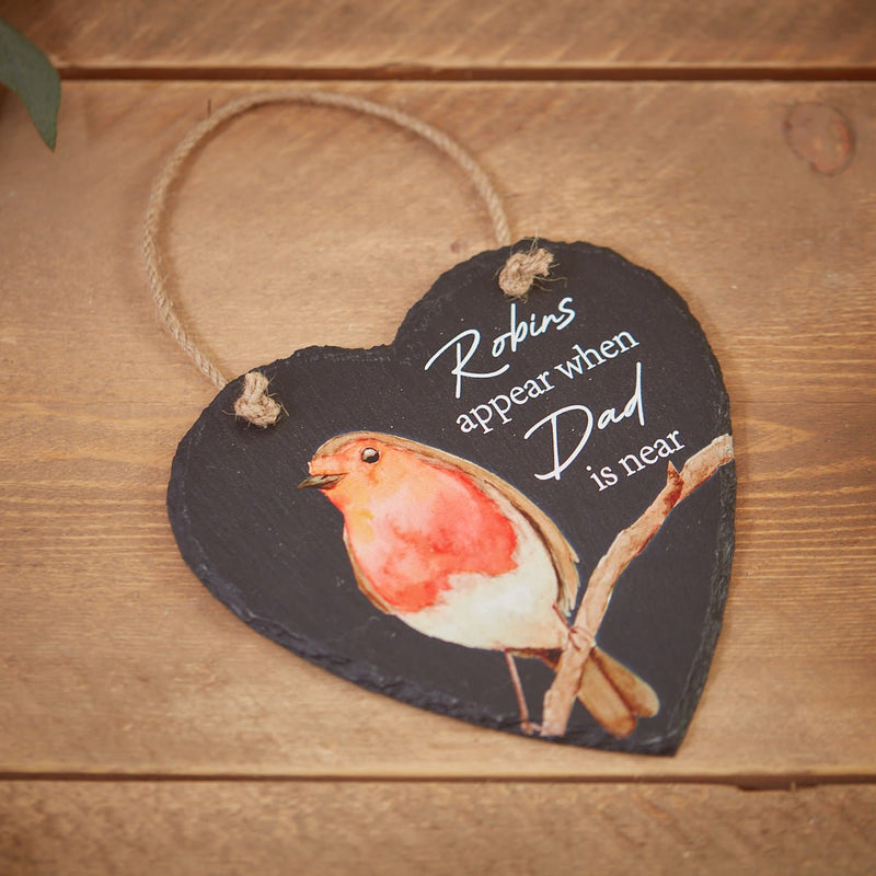 Slate Robin Heart Hanger Robins Appear When Dad Is Near - ORNAMENTS - Beattys of Loughrea