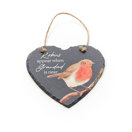 Slate Robin Heart Hanger Robins Appear When Grandad Is Near - ORNAMENTS - Beattys of Loughrea