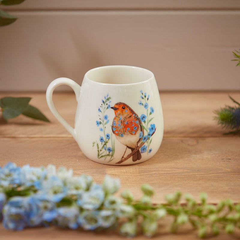 Robin Forget Me Not Mug White Stoneware With Floral Breast - MUG SETS - Beattys of Loughrea