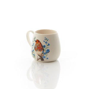 Robin Forget Me Not Mug White Stoneware With Floral Breast - MUG SETS - Beattys of Loughrea