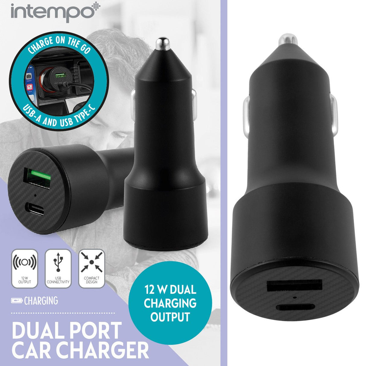 Intempo Car Charger – Dual Port Car Adapter, USB-A & USB Type-C Compatible - Beattys of Loughrea | www.beattys.ie