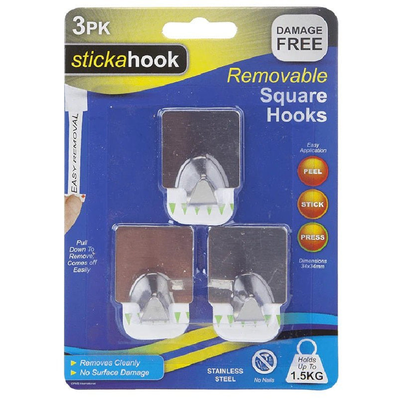 Stickahook Removable Square Silver Hooks - Pack Of 3 - HOOKS, PLASTIC S/ADH - Beattys of Loughrea
