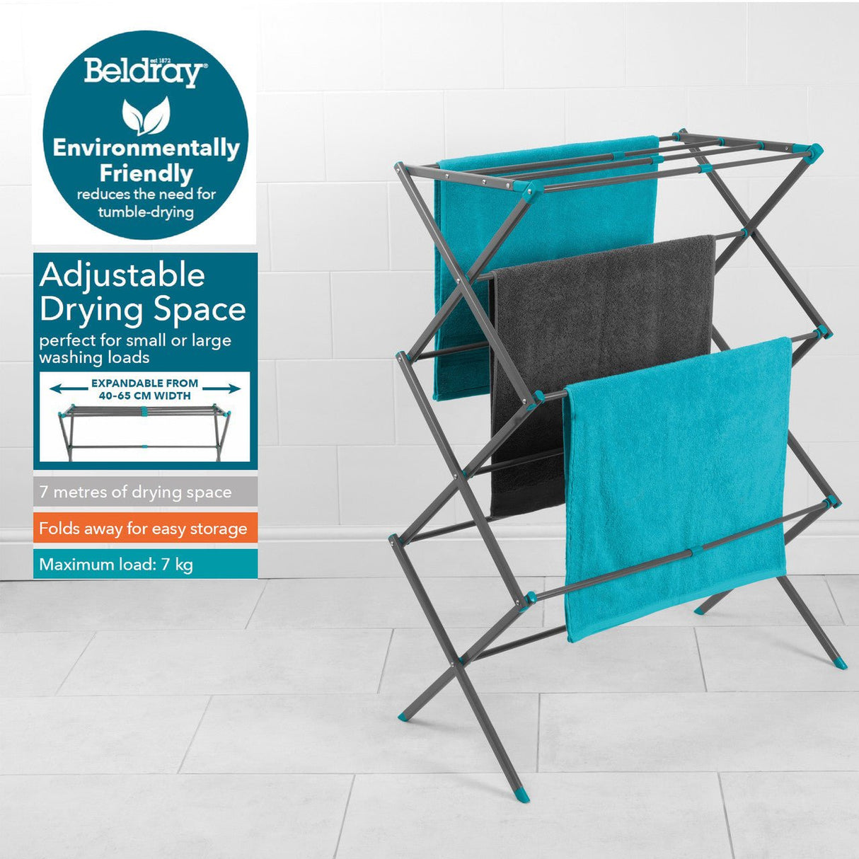 Beldray Three Tier Expandable Clothes Airer Turquoise and Grey - CLEANING CLOTHES AIRER - Beattys of Loughrea