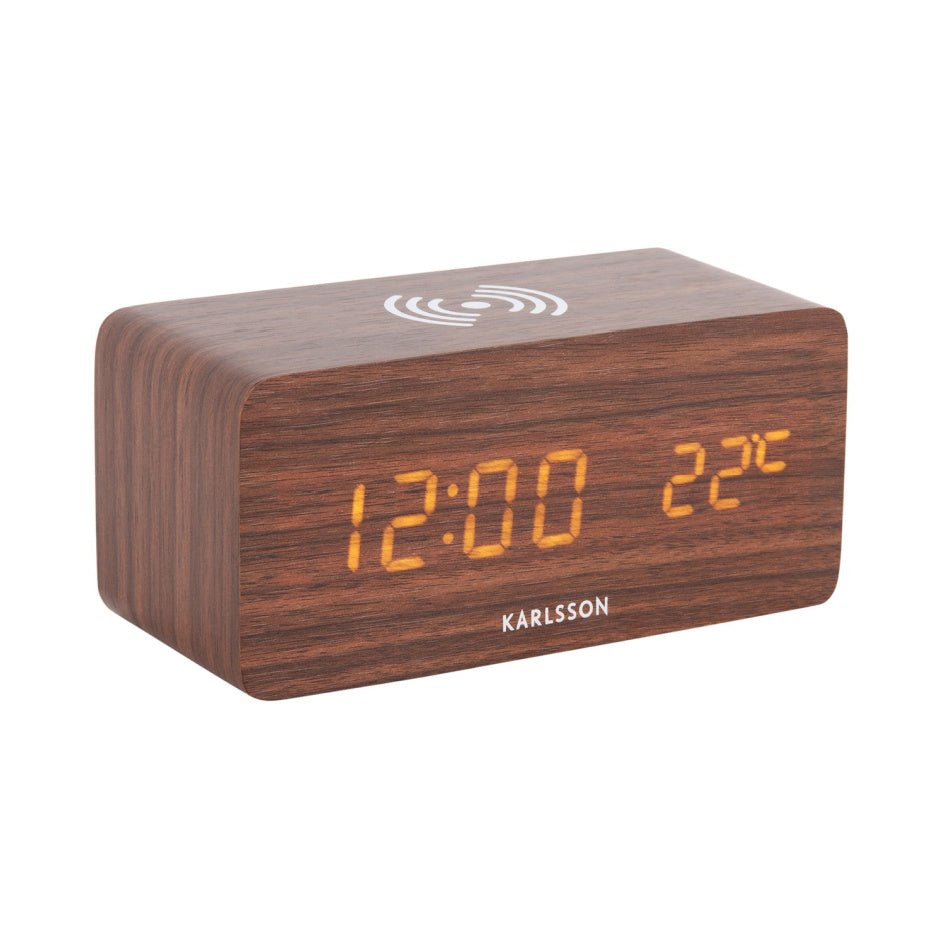 Karlsson Alarm Clock Block w. Phone Charger LED Dark Wood