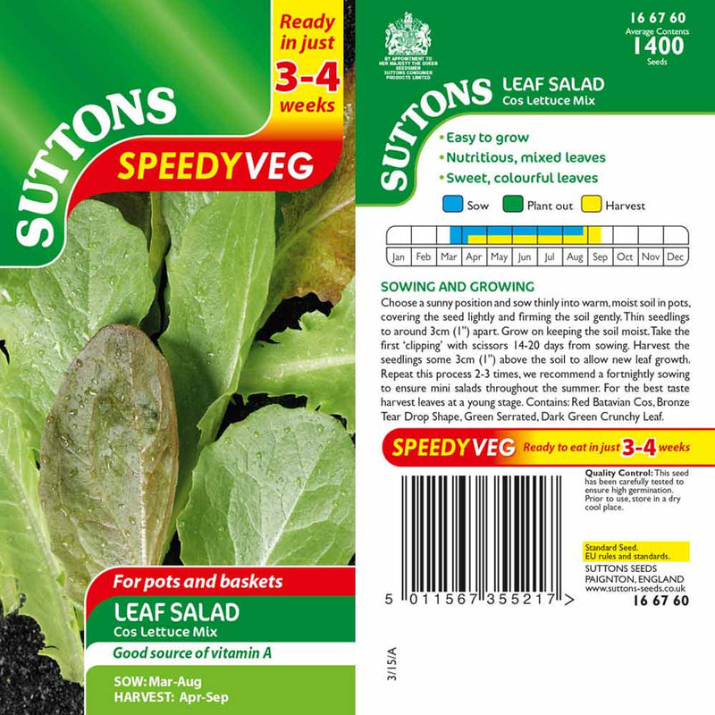 Suttons Leaf Salad Cos Lettuce Mix Speedy Veg - SEED VEG & FLOWER - Beattys of Loughrea