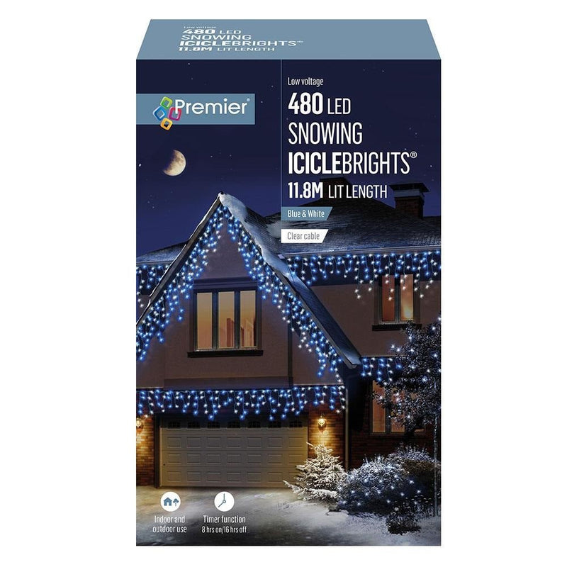 Premier 480 Led Snowing Icicle Christmas Lights With Timer - Blue White - XMAS LIGHTS LED - Beattys of Loughrea