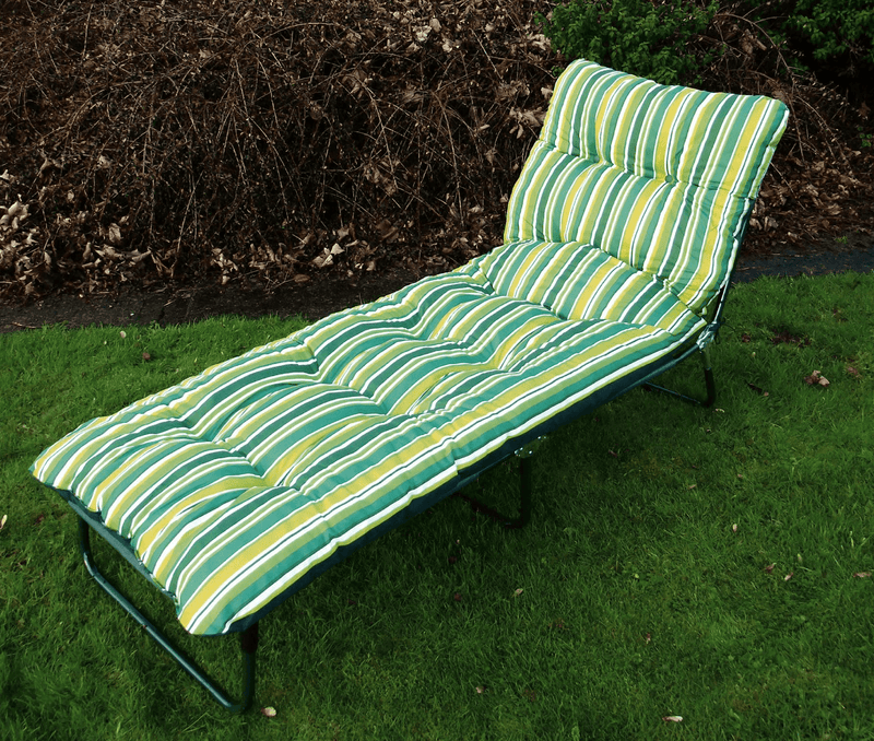 Tubular Sunlounger with Green Stripe Deluxe Cushion - SINGLE GARDEN BENCH/ CHAIR - Beattys of Loughrea