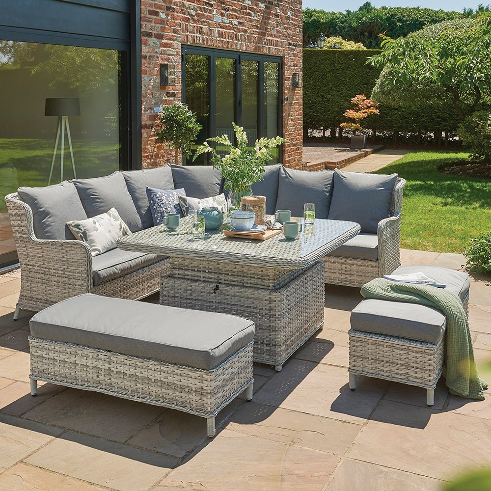 Eden Rose Large Corner Adjustable Rattan Dining Set - WOOD / RATTAN GDN FURN SET 4+ SEATS - Beattys of Loughrea