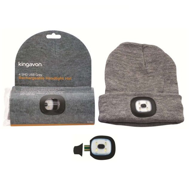 Kingavon 4 SMD USB Rechargeable Headlight Hat - Grey - TORCH/HANDLAMP - Beattys of Loughrea