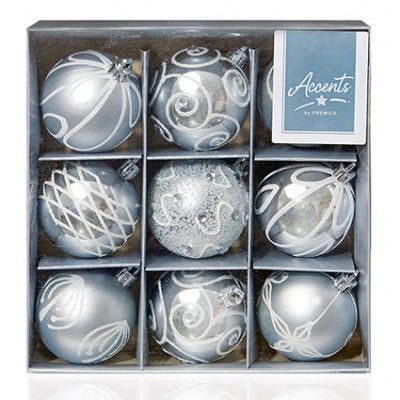 9 x 60mm Silver Decorated Baubles - XMAS BAUBLES - Beattys of Loughrea