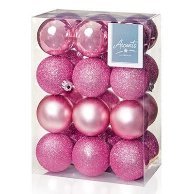24 x 60mm Pink Multi Finish Baubles - XMAS BAUBLES - Beattys of Loughrea