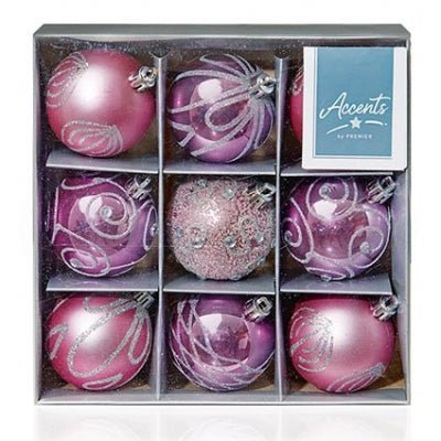 9 x 60mm Pink Decorated Baubles - XMAS BAUBLES - Beattys of Loughrea