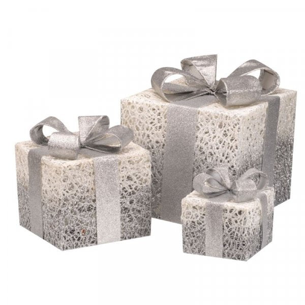 Silver Sparkly Faux Gift Boxes - Set of 3 - XMAS ROOM DECORATION LARGE AND LIGHT UP - Beattys of Loughrea