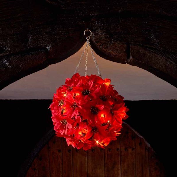 InLit Poinsettia Ball, 30cm - XMAS ROOM DECORATION LARGE AND LIGHT UP - Beattys of Loughrea