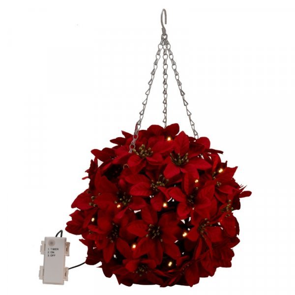 InLit Poinsettia Ball, 30cm - XMAS ROOM DECORATION LARGE AND LIGHT UP - Beattys of Loughrea