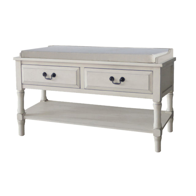 Antique Cream Two Drawer Cushion Bench - OCCASIONAL FURNITURE - Beattys of Loughrea