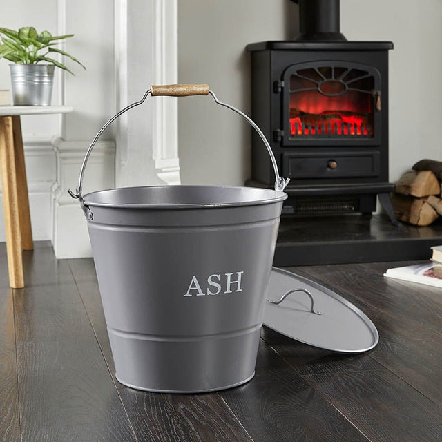 Inglenook Ash Bucket with Lid Grey - FIREPLACE - COAL BUCKET LOG BOX BASKET STOVE FAN - Beattys of Loughrea