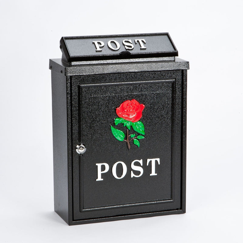 Cast Aluminium Black Post Box With Red Rose - LETTER BOXES - Beattys of Loughrea