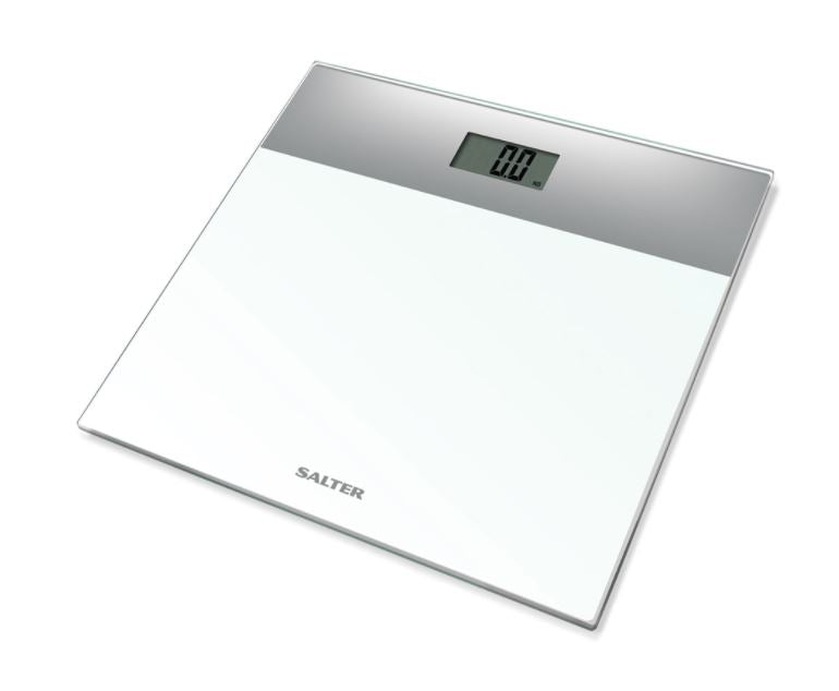 Compact Glass Electronic Bathroom Scale, White and Silver - BATHROOM SCALES - Beattys of Loughrea
