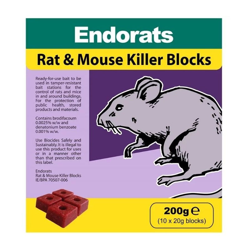 Endorats Rat Mouse Killer Blocks 200g - VERMIN BAIT/TRAP/FLY SPRAY - Beattys of Loughrea