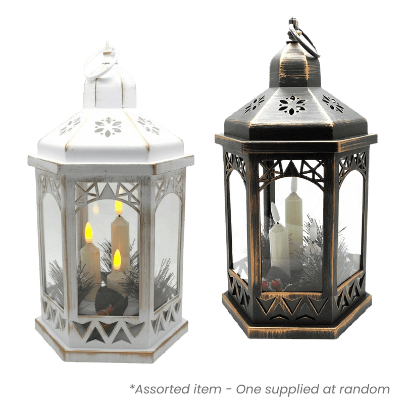 Premier - Triple Flickabright Hexagonal Lantern - 33cm - Antique Copper/Antique White - XMAS LANTERNS/ BOTTLES - Beattys of Loughrea