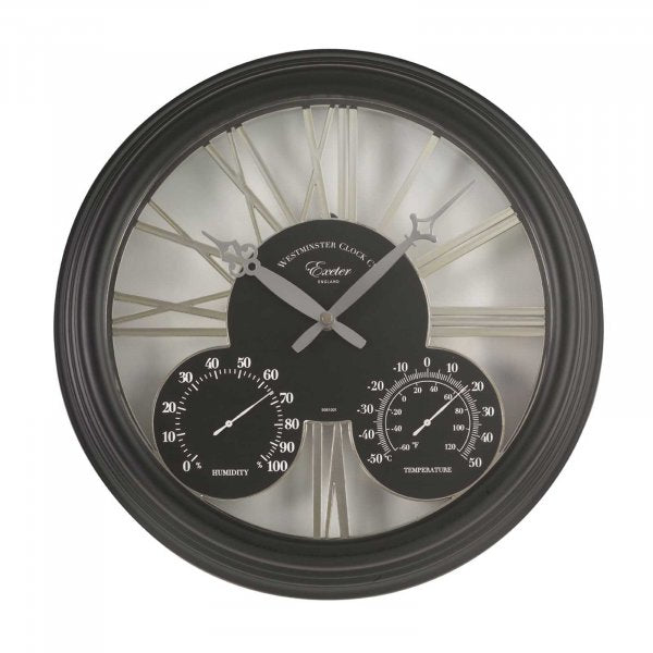 Exeter Wall Clock & Thermometer 15in - Black - SOLAR / GARDEN ORNAMENTS - Beattys of Loughrea